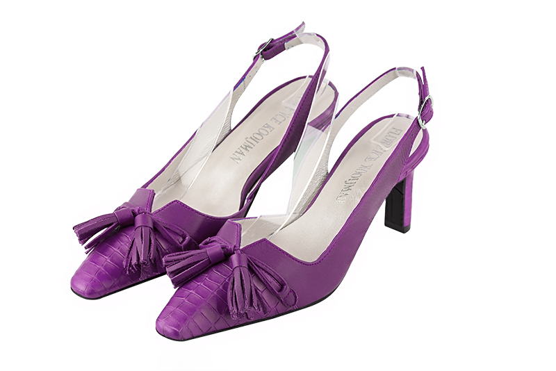 Mauve purple women's open back shoes, with a knot. Tapered toe. Medium slim heel. Front view - Florence KOOIJMAN